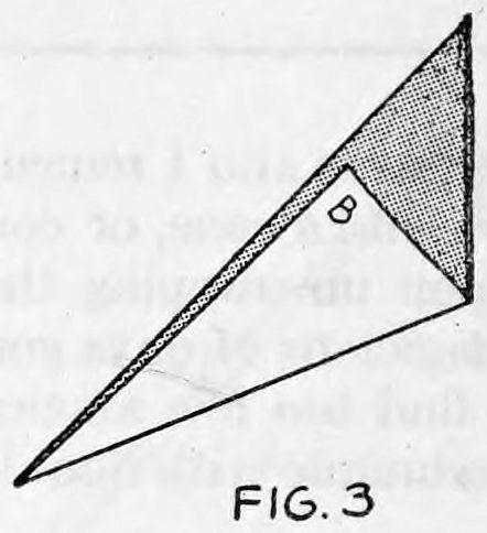 Fig. 3. — The folded paper as a long narrow triangle, with a shaded section near the top and the letter B at the folded corner.