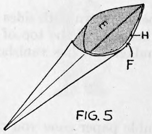 Fig. 5. — The cone with its top opened by the fingers, a shaded oval opening lettered E, the wall H to one side and compartment F marked below it.