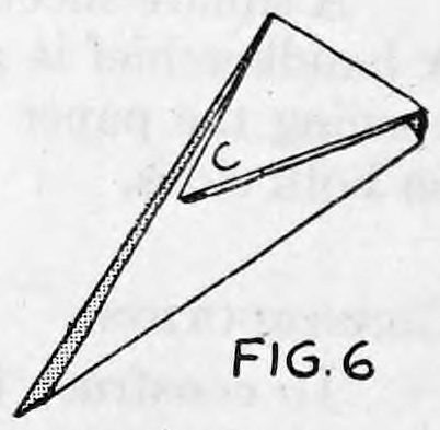 Fig. 6. — The flattened cone with corner C folded down, showing the creased flap lettered C lying across its upper part.