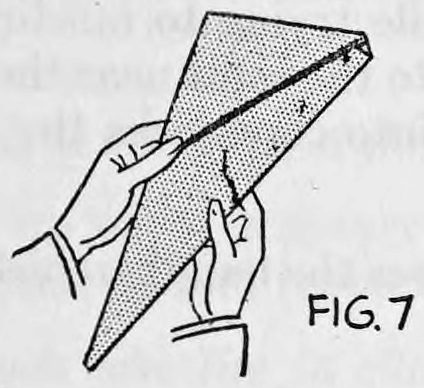 Fig. 7. — Two hands holding the folded paper cone, a long narrow triangle with a crease line along its upper edge, corner C pointing toward the audience.