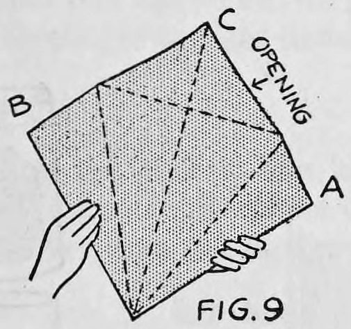 Fig. 9. — The opened square seen from the opposite side, held between two hands, with corners lettered B, C and A, dotted fold lines, and the word opening at the top.