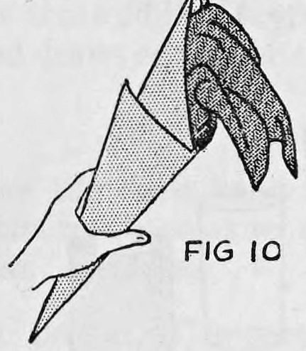 Fig. 10. — The folded cone held in one hand with a silk handkerchief pushed into its open top, part of the silk showing above the rim.