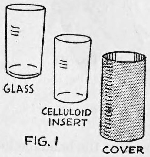 Fig. 1. — Three parts side by side: a glass tumbler, a smaller celluloid insert that fits inside it, and a tall ribbed cover, each labelled glass, celluloid insert and cover.