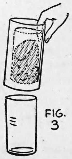 Fig. 3. — A hand lifts the celluloid insert with the silk in it out of the glass, and the empty glass stands below; the figure number is lettered beside the glass.