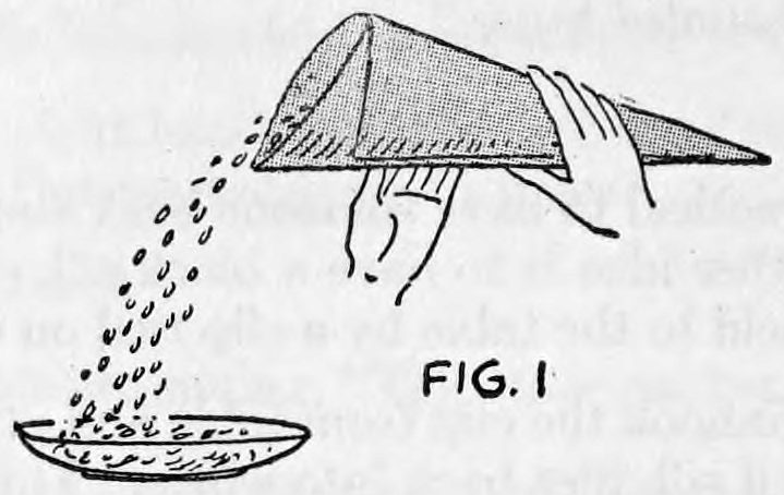 Fig. 1. — A hand holds a paper cone tilted mouth-down and shakes it, and puffed rice streams from it in a curving line onto a plate below.