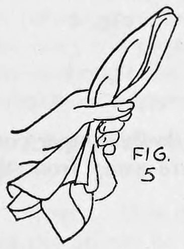 Fig. 5. — A hand grips a handkerchief with the cloth bunched and hanging down, one end held up, showing it worn on the arm.