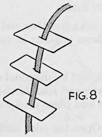 Fig. 8. — Three playing cards threaded flat one above another on a ribbon that passes through slits in each card, with the ribbon ends running above and below.