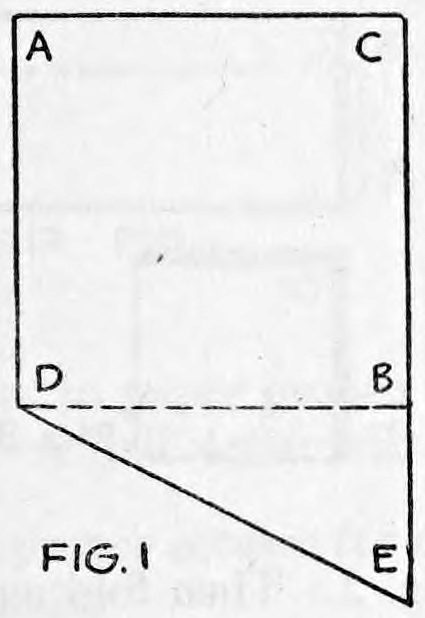 Fig. 1. — A square of paper with corners A and C at the top, D and B on a dashed line below, and a triangular flap extending down to point E.