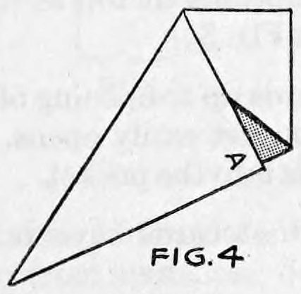 Fig. 4. — The paper folded into a narrow cone shape, with corner A folded over and a small shaded patch near the upper right.