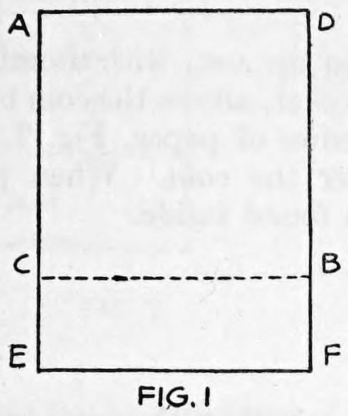 Fig. 1. — A tall rectangle of paper with corners lettered A, D, E, F and a dashed fold line C B across the lower quarter, marking the part folded up to make a square.