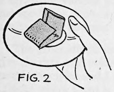 Fig. 2. — A saucer held in the left hand with the folded paper lying on top while the right hand comes up under the bottom of the saucer.