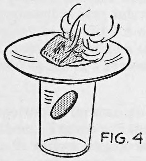Fig. 4. — The paper burning on the saucer above the tumbler, with the half dollar falling through the glass below.