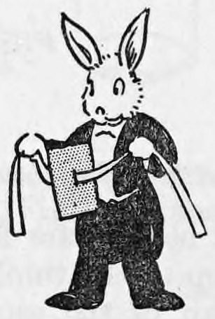 A cartoon rabbit in a tailcoat standing upright and holding a sheet of paper in one hand and a strip of paper in the other, as if showing a paper trick.