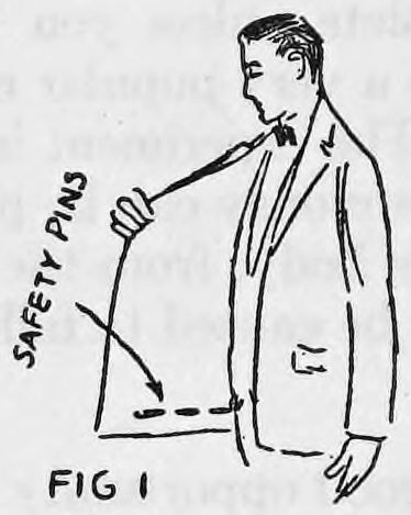 Fig. 1. — A man in a suit coat seen from the side, the right hand touching the inside right of the coat where three safety pins are fastened, labelled safety pins.