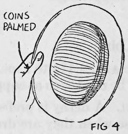 Fig. 4. — The derby hat held by the left thumb and index finger, its opening toward the audience, with the palmed coins hidden behind the hat, labelled coins palmed.