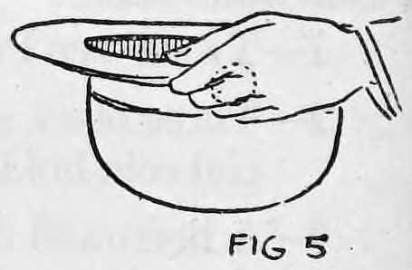 Fig. 5. — Side view of the derby hat held in the left hand, the fingers hiding the palmed coins as the hat is shown from all sides.