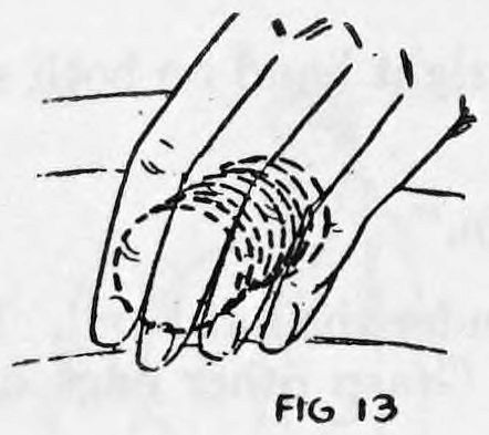 Fig. 13. — Close view of the fingers of the left hand inside the hat, the coins spread a little apart and overlapping, the top coin nearest the finger tips.