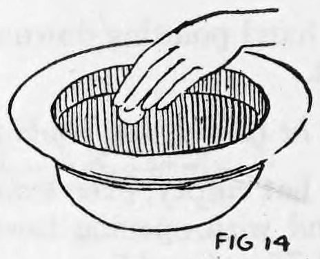 Fig. 14. — The derby hat seen from above and in front, the left fingers inside holding the coins, the top coin pushed forward ready to be released.