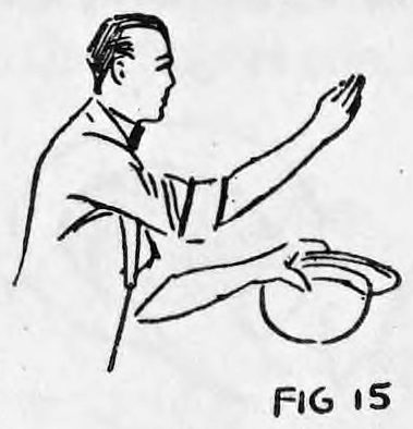 Fig. 15. — A man in profile reaching into the air with his empty right hand while the left hand holds the hat below.