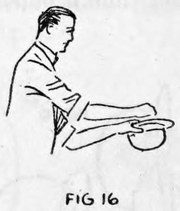 Fig. 16. — The man bends over the hat with his right hand above it, as if tossing the imaginary coin in, while the left hand holds the hat.