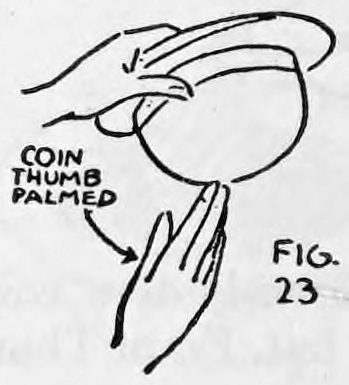 Fig. 23. — The right hand thrusts up at the hat bottom, the coin Thumb Palmed in the hand, with a label pointing to it reading Coin Thumb Palmed.