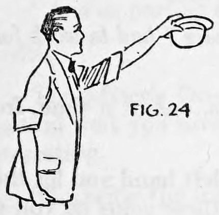 Fig. 24. — A man in a coat seen from the side, standing with his left arm outstretched holding a hat, showing the side of the hat toward the audience.
