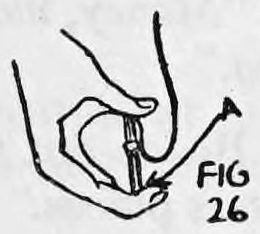Fig. 26. — A hand taking the coins down out of the safety pin under the coat edge, the coins coming into the hand in Finger Palm position.