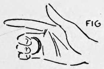 Fig. 27. — The right hand with the coins held in Finger Palm position against the fingers, the thumb extended above them.