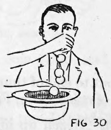 Fig. 30. — A spectator's head with the performer's hand held to his nose, coins sliding down from the hand into a hat held underneath.