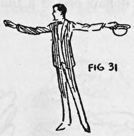 Fig. 31. — A performer in a suit facing front with both arms extended to the sides, a hat held in the left hand and a coin at the right finger tips.