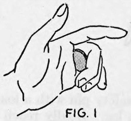 Fig. 1. — The left hand seen from the side, fingers extended, with one half dollar held in Finger Palm position against the curled fingers.