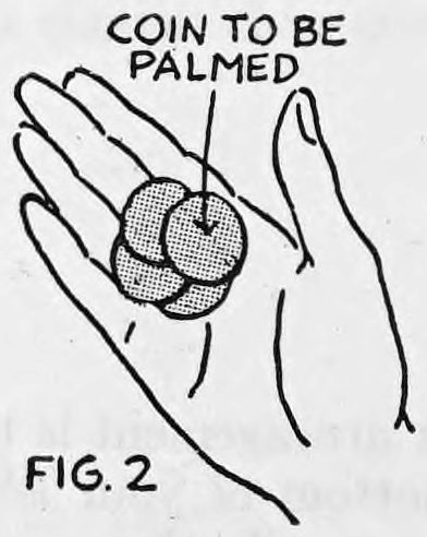 Fig. 2. — The right hand holding four half dollars fanned together in the palm, with a label and arrow marking the coin to be palmed.