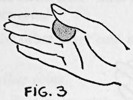 Fig. 3. — The right hand seen from above, one coin held back against the base of the thumb in the Thumb Grip palm.