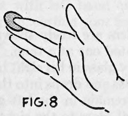 Fig. 8. — The right hand open, palm toward the audience, with a coin held between the first and second finger tips.