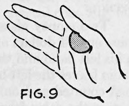 Fig. 9. — The right hand open with the coin brought back and Thumb Palmed in the hand after the throwing motion.