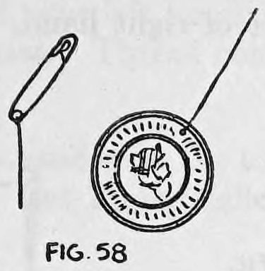 Fig. 58. — A safety pin with a short thread running from it to a palming coin with a hole, the thread tied through the coin.