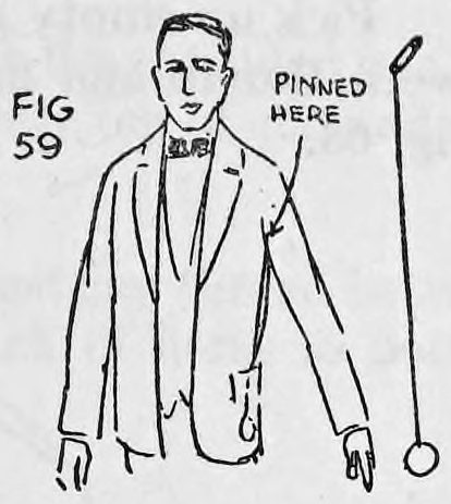 Fig. 59. — The performer in his coat with the safety pin marked as pinned under the armpit and the black thread running down to the coat pocket.