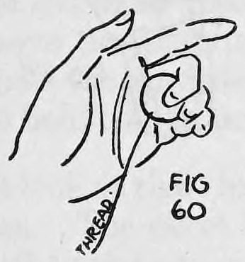 Fig. 60. — The left hand with fingers curled to Finger Palm the coin, a thread trailing from the coin down toward the pocket.