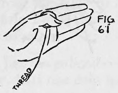 Fig. 61. — The left hand held open with the coins at the base of the first finger, held by the thumb, the thread trailing below.
