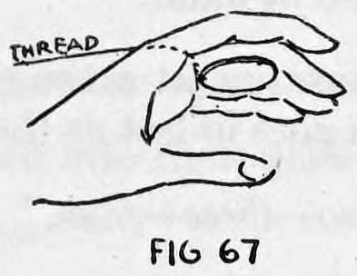Fig. 67. — The left hand holds the glass shaken with the thread drawn taut, pulling the threaded coin up into Finger Palm position; the thread is labeled.