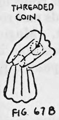 Fig. 67B. — The right hand hangs with the coin let fall into palm position while the left hand screens it; the threaded coin is labeled.