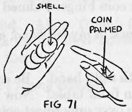 Fig. 71. — The left hand holds the coins with the shell among them while the right hand palms the fourth coin, labeled coin palmed.