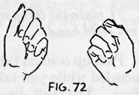 Fig. 72. — Both closed hands held apart, the left over the coins with the shell slipped over the top coin, the right holding the palmed coin.