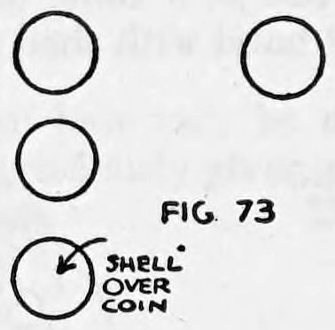 Fig. 73. — Four coins laid on the table as circles, three in a row and one below, the lowest marked as the coin with the shell over it.
