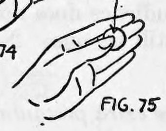 Fig. 75. — The left hand opened to show a single coin, the shell now slipped over the second coin, labeled shell over coin.