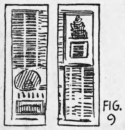 Fig. 9. — Two long narrow strips of newspaper side by side, one sheet cut in two from top to bottom, showing columns of print, a small coin sketch and a boxed picture.