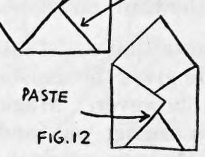 Fig. 12. — The finished envelope with the corners pasted down, an arrow marked paste pointing to the edge, and the open corner forming the flap.