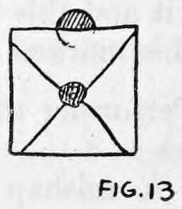 Fig. 13. — A small envelope with its flap sealed by a dot of wax, and the half dollar sticking out halfway through the slit at the top.