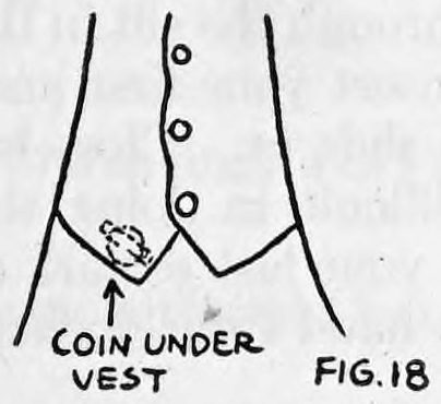 Fig. 18. — The lower front of a vest with three buttons, and an arrow pointing to a half dollar held under the vest edge, labelled Coin under vest.