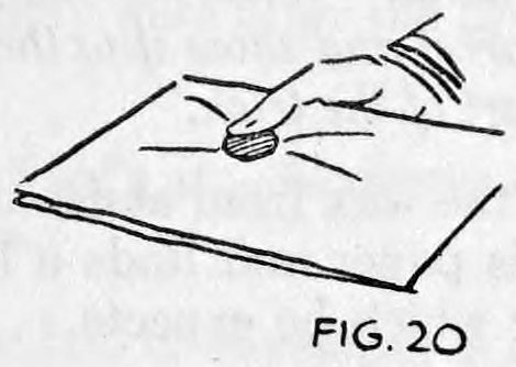 Fig. 20. — The folded paper lying flat while the assistant's hand places the half dollar on it, under the performer's thumb.